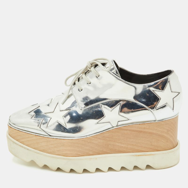 Stella Mccartney Elyse Star Size 38.5 Silver/White Faux Patent Leather Platform